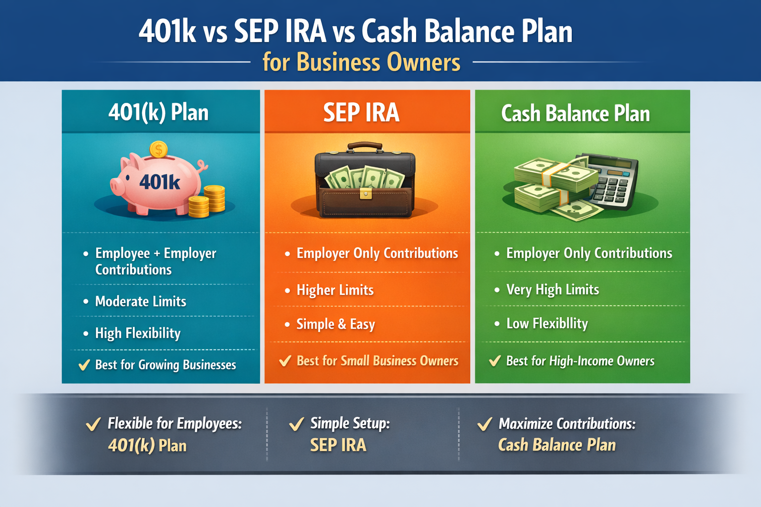401k vs SEP IRA vs cash balance plan comparison for business owners